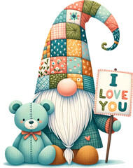 gnome wearing a long woolen hat, holding a mint teddy bear, and a patchwork text spelling 'I Love You', Valentine's day.