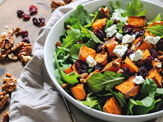 A harvest salad with mixed greens, roasted sweet potatoes, dried cranberries, goat cheese, and a cider vinaigrette 