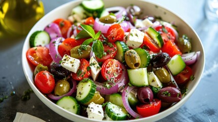 A Greek salad with plump cherry tomatoes, cucumber, red onion, Kalamata olives, feta cheese, and a drizzle of olive oil and oregano