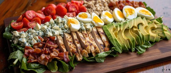 A hearty Cobb salad featuring rows of grilled chicken, bacon, boiled eggs, avocado, blue cheese, and diced tomatoes on a bed of greens