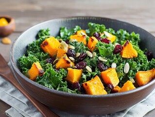 A kale and roasted butternut squash salad with dried cranberries, pumpkin seeds, and a maple mustard vinaigrette