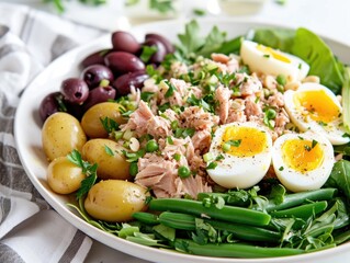 A NiÃ§oise salad with tuna, green beans, potatoes, hard-boiled eggs, olives, and a Dijon vinaigrette