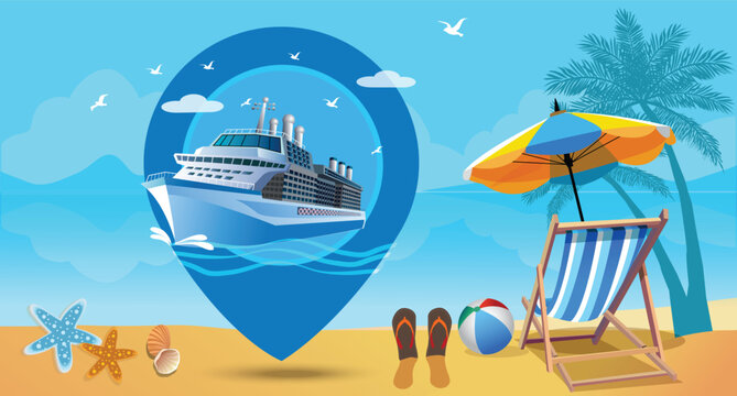 Summer holiday vacation concept.Check in  travel with cruise liner.  illustration.