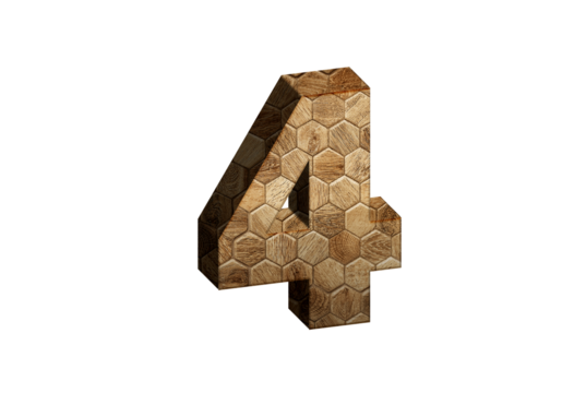 3d Wood Numbers, Alphabet Number Four made of wood material, high-resolution image of 3d font, ready to use for graphic design purposes