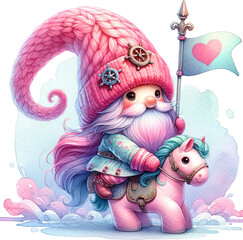 Obraz premium cute Gnome in a seapunk outfit with a pink heart flag, riding a toy horse, wear a pink hat. valentine's day.