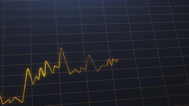 Golden line chart graph showing fluctuactions with golden grid. Economic node line graph. Golden line graph going up. Financial stock chart. Tech style graphic with grid. Market recovery concept.