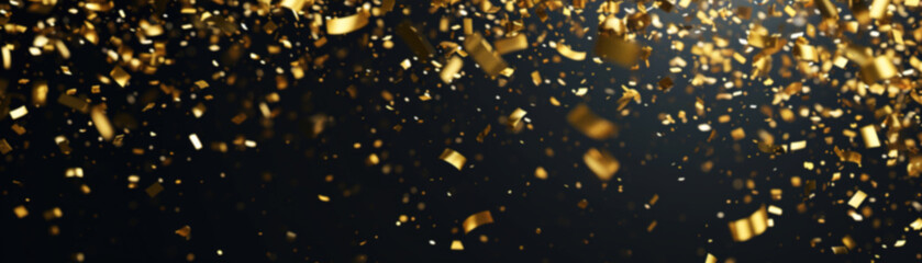 Luxurious black backdrop with a cascade of golden confetti, ideal for upscale event announcements, glamorous product launches, and sophisticated advertising. Festive blurred background. - obrazy, fototapety, plakaty