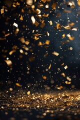 Fototapeta na wymiar Luxurious black backdrop with cascade of golden confetti, ideal for upscale event announcements, glamorous product launches, and sophisticated advertising. Festive vertical background.