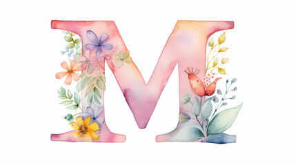 Uppercase english letter M. Colorful watercolor aquarelle font type. Floral Alphabet. Botanic flower, leaf composition. Good for wedding, bridal, birthday, greeting, baby shower card, design element