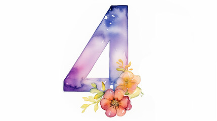 Number 4 four. Colorful watercolor aquarelle font type. Floral Alphabet. Botanic flower, leaf composition. Good for wedding, bridal, birthday, greeting, baby shower card, design element