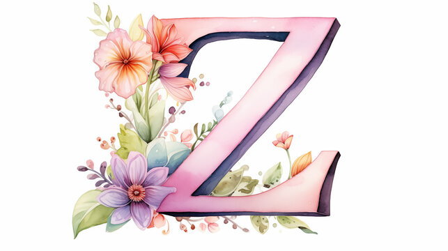 Uppercase english letter Z. Colorful watercolor aquarelle font type. Floral Alphabet. Botanic flower, leaf composition. Good for wedding, bridal, birthday, greeting, baby shower card, design element