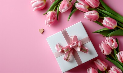 Pink Tulips, with Gift Box, on Pink Background,perfect for expressions of love and special occasions.