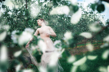 A young young dancer in an airy long beige dress among the flying petals of blossoming apple trees.