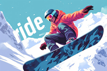 snowboarding ad poster, in the style of animated illustrations, y2k aesthetic, azure and amber, traditional poses, outdoor scenes, himalayan art, interactive experiences - obrazy, fototapety, plakaty