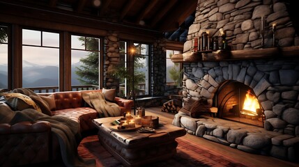 A cozy and rustic cabin living room with a stone fireplace and cozy blankets.