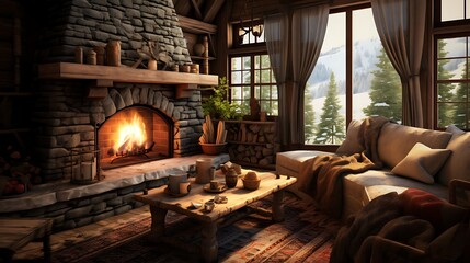 A cozy and rustic cabin living room with a stone fireplace and cozy blankets.