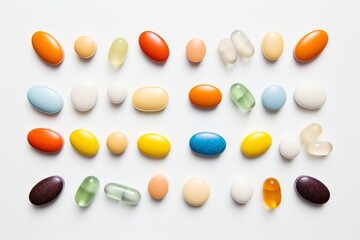 Assorted Medication Pills and Capsules on White Background - obrazy, fototapety, plakaty