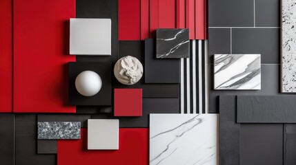 Modern flat lay composition in black, white , red colors palette with textile and paint samples, lamella panels and tiles. Architect and interior designer moodboard. Top view. Copy space.