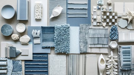 Creative flat lay composition with textile and paint samples, panels and cement tiles. Stylish interior designer moodboard. Blue and beige color palette. Copy space. Template.