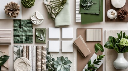 Creative flat lay composition of interior designer and architect moodboard. Textile and paint samples, lamella panels and lastrico tiles. Beige, black and green color palette. Copy space. Template.
