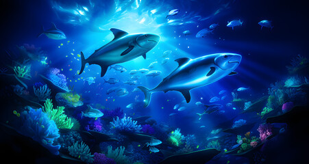 Fototapeta na wymiar a couple of dolphins are floating in an aquarium