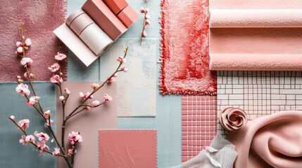 Creative flat lay composition with textile and paint samples, panels and cement tiles. Stylish interior designer moodboard. Pink sacra , , beige and peanch color palette. Copy space. Template.