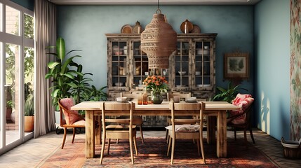 A dining room with a bohemian or eclectic look.