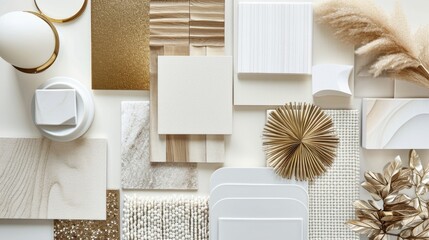 Modern flat lay composition in white and gold color palette with textile and paint samples, lamella...