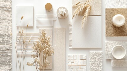 Modern flat lay composition in white and gold color palette with textile and paint samples, lamella...