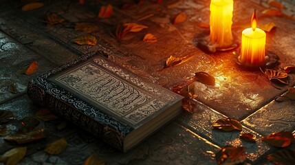 Ramadan Wallpaper idea, A book and candle lamp on a table. 