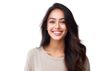 A beautiful young indian model woman smiling with clean teeth isolated on a transparent background.