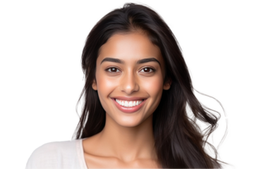 A beautiful young indian model woman smiling with clean teeth isolated on a transparent background.