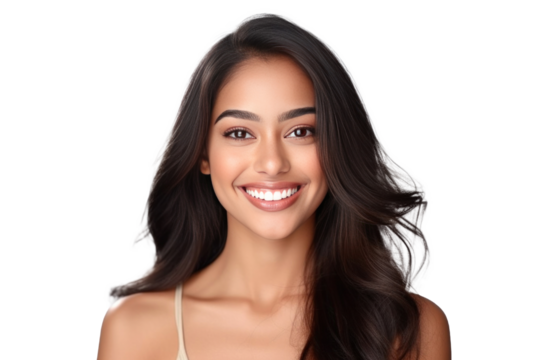 A beautiful young indian model woman smiling with clean teeth isolated on a transparent background.