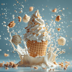 Delicious refreshing sweet ice cream cone with melted cream splash in studio 