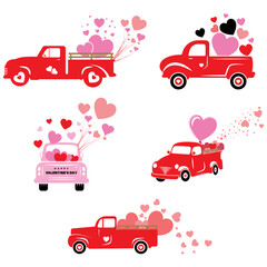  Valentine truck with hearth, Red retro truck, Valentines Day Truck, Vintage pickup delivers hearts, Red pickup truck with hearts, Valentine Day. Vector illustration