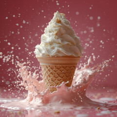 Delicious refreshing sweet ice cream cone with melted cream splash in studio 