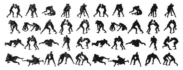Set of silhouettes of active Greco Roman wrestling of two men, isolated vector
