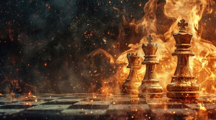 stylish black chess stands on a chessboard and a fire is burning around. Gloomy environment