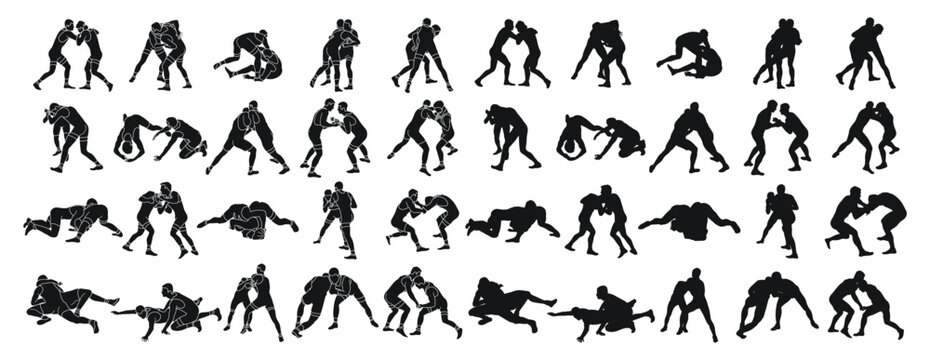 Set of silhouettes of active Greco Roman wrestling of two men, isolated vector