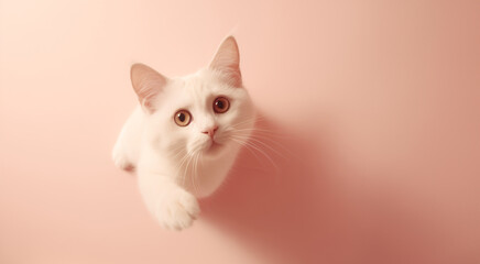 White cat on a peach background asks for attention, top view. Image for pet grooming service,adoption website. Advertisement for a pet-friendly home product. Postcard, banner with copy space.
