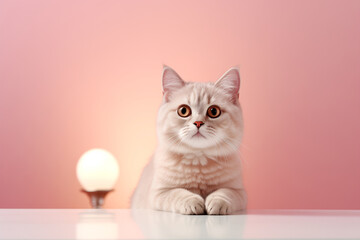 The cat is waiting at the table with a lamp on a pastel pink background. Design for a line home products. Banner with copy space.