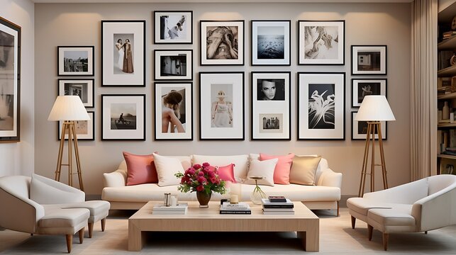 A gallery wall with a collection of family photos and artwork.