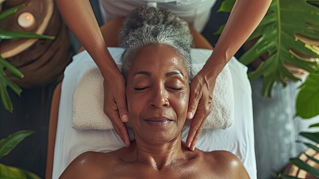 Close-up of a senior African American woman enjoying a relaxing shoulder massage in a serene spa setting