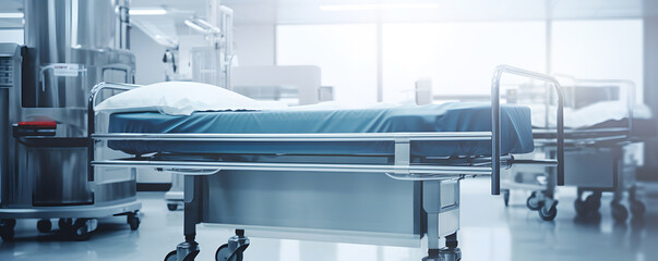 Empty operating table stands in medical room in modern hospital close up indoor