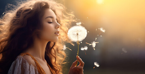 Young woman blowing on fluffy dandelion flower on blurred natural background - obrazy, fototapety, plakaty