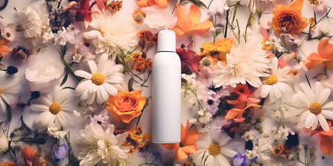 Spray bottle inhaler with white empty mockup space in middle of flowers pattern - obrazy, fototapety, plakaty