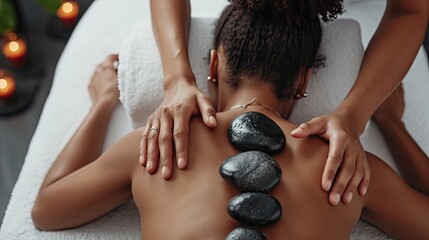 Close-up view of a young woman experiencing hot stone massage therapy in a tranquil spa setting - obrazy, fototapety, plakaty