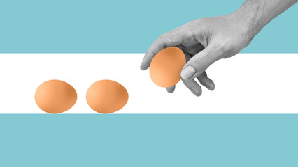 Eggs depict retirement. Financial hopes and diversification. Put all eggs in one bowl. Collage with the hand and eggs