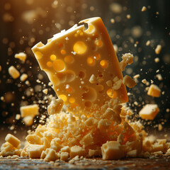 Professional food image. Delicious cheese falling in studio shot with strong lighting contrast
