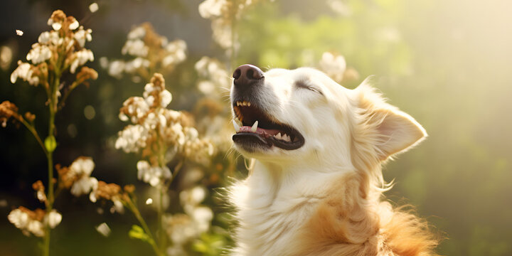 Domestic dog sneezing from flower pollen in spring time outdoor during walking